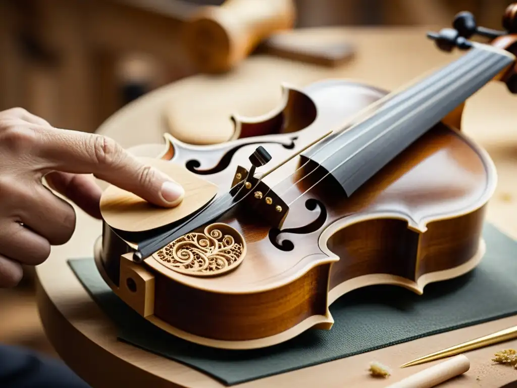 Un hábil luthier talla diseños en un violín artesanal, con influencia de grabaciones antiguas en música