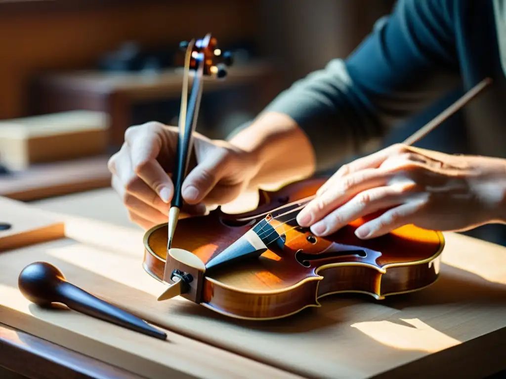 Un hábil luthier restaura con esmero un violín centenario, resaltando la belleza de la madera