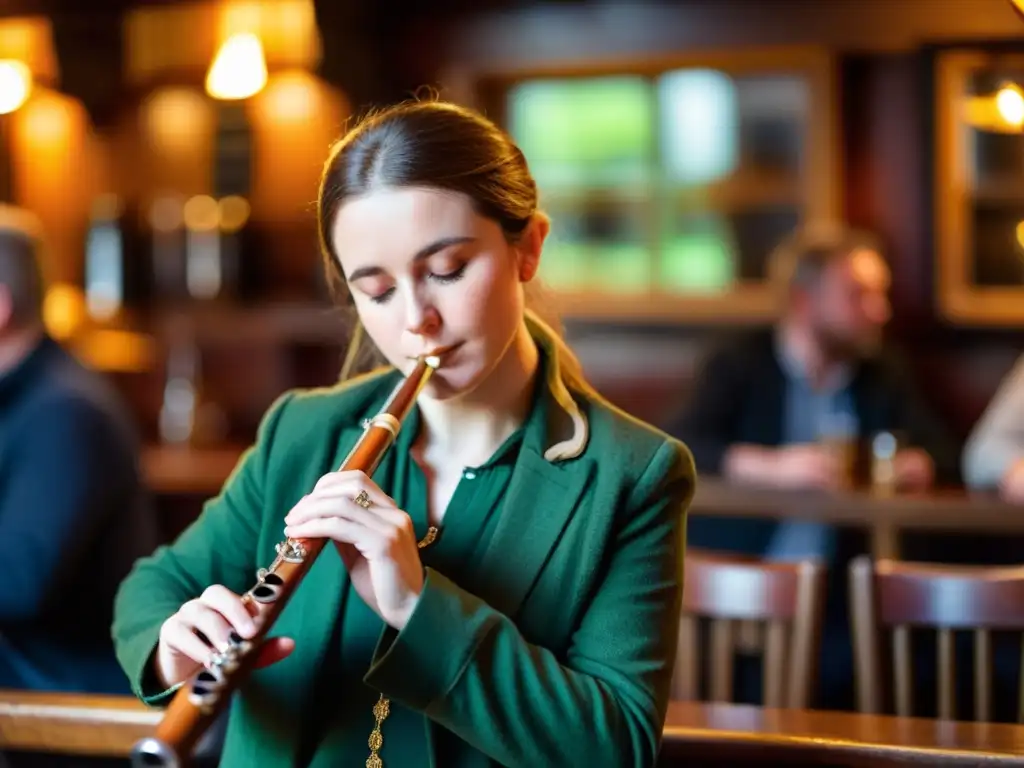 Un hábil flautista toca una flauta de madera irlandesa en un acogedor pub, recreando la rica historia de la flauta en Irlanda