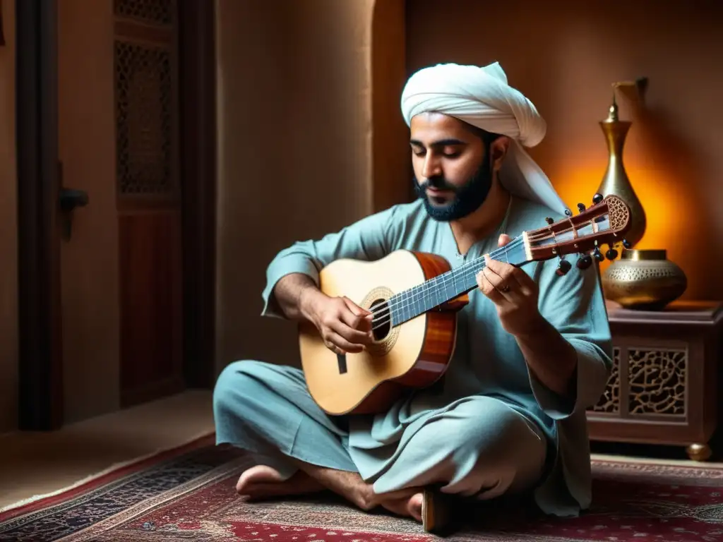 Un hábil intérprete de oud, en una habitación tenue, rodeado de decoración tradicional de Medio Oriente