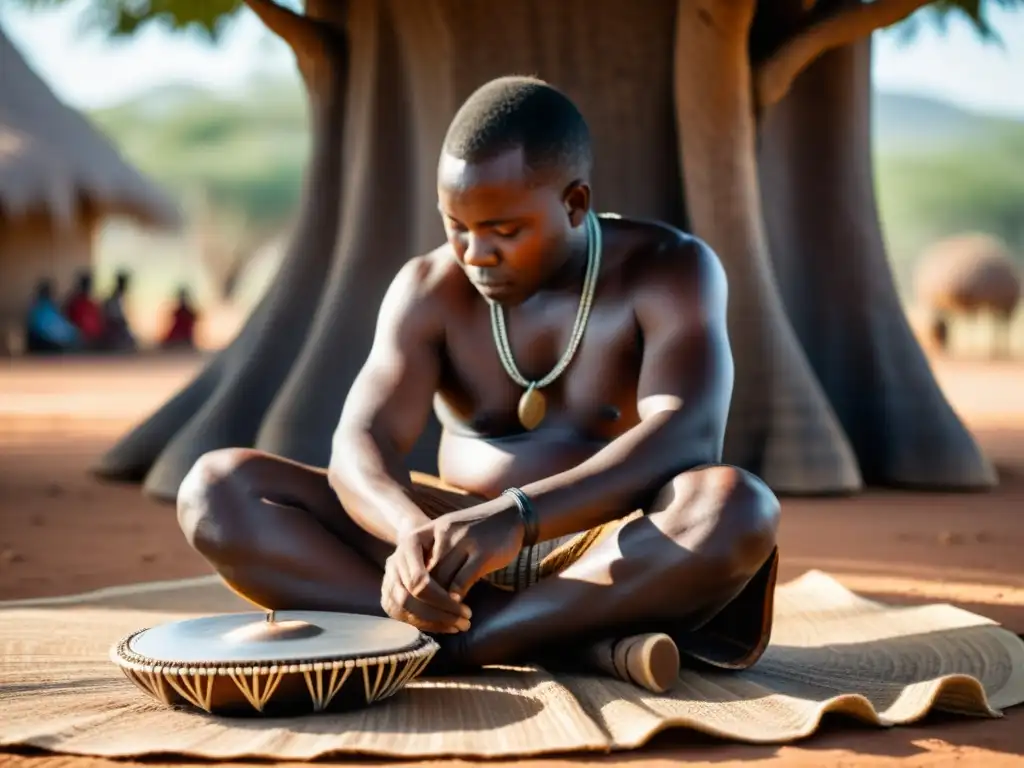 Un hábil intérprete de mbira bajo un baobab, rodeado de aldeanos, sumergido en el origen y sonido de la mbira al atardecer en Zimbabwe