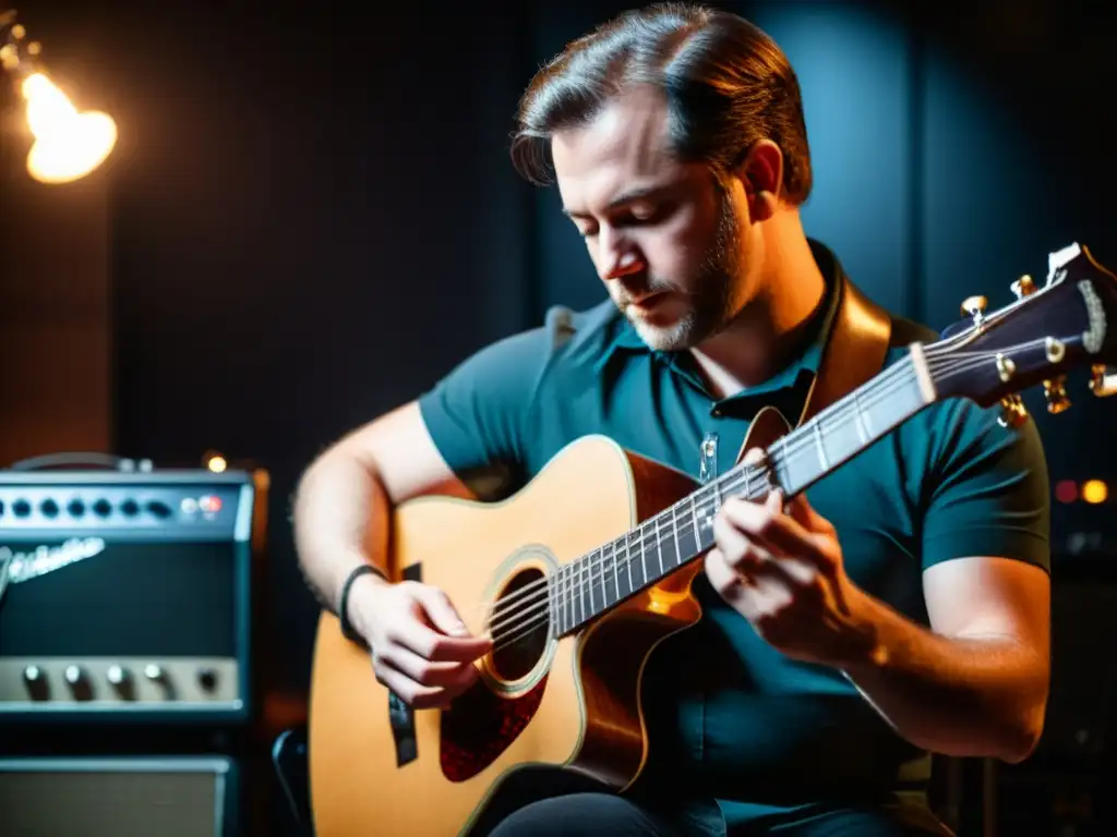 Un hábil músico interpreta una guitarra barítono en un estudio profesionalmente iluminado