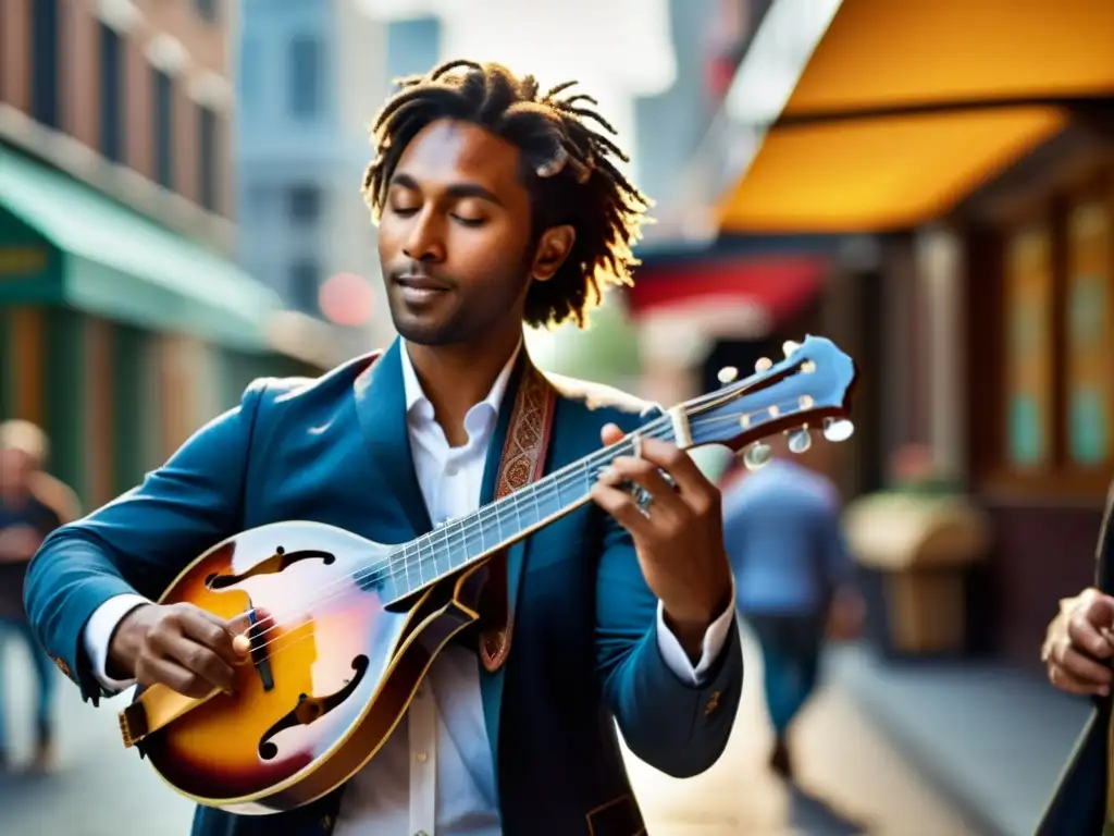 Un hábil músico toca la mandolina en la bulliciosa ciudad, fusionando la música folk con la energía urbana