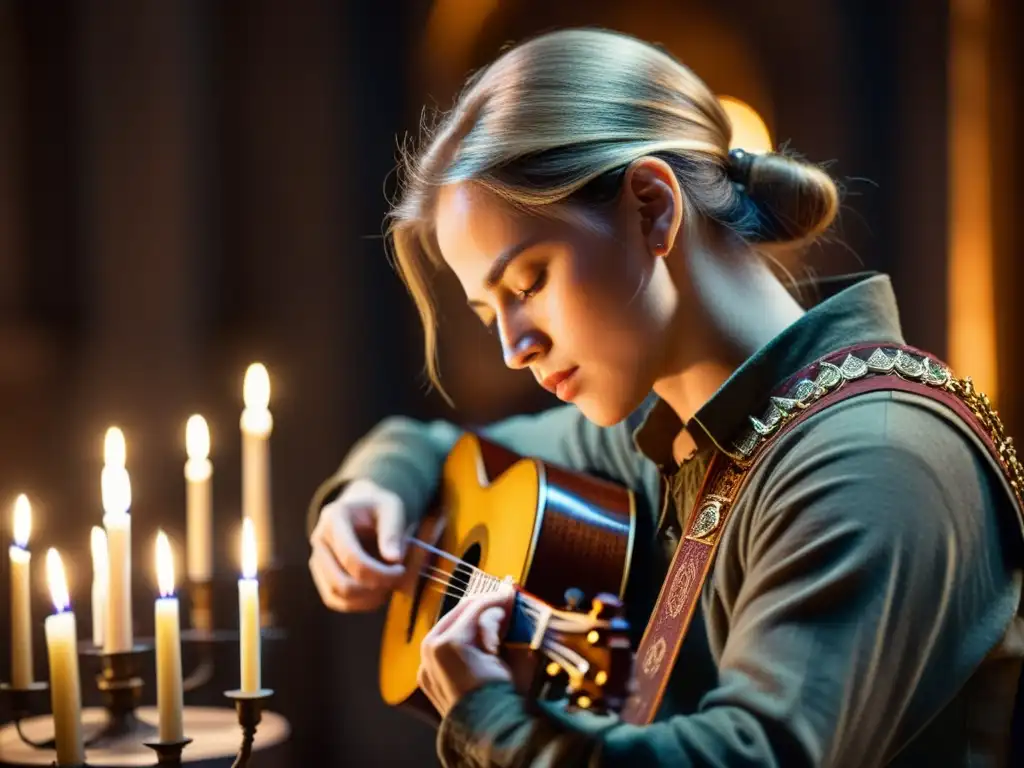 Un hábil músico toca un rabel en una cámara renacentista, iluminado por la cálida luz de las velas