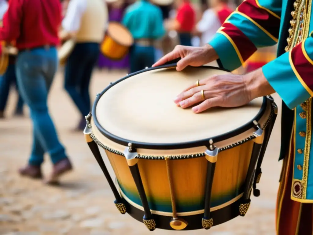 Un hábil músico toca un tambor de cuadro español en un festival cultural vibrante