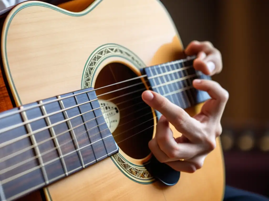 Un hábil músico ejecuta técnicas de contrapunto en una guitarra clásica, mostrando destreza y pasión en sus manos