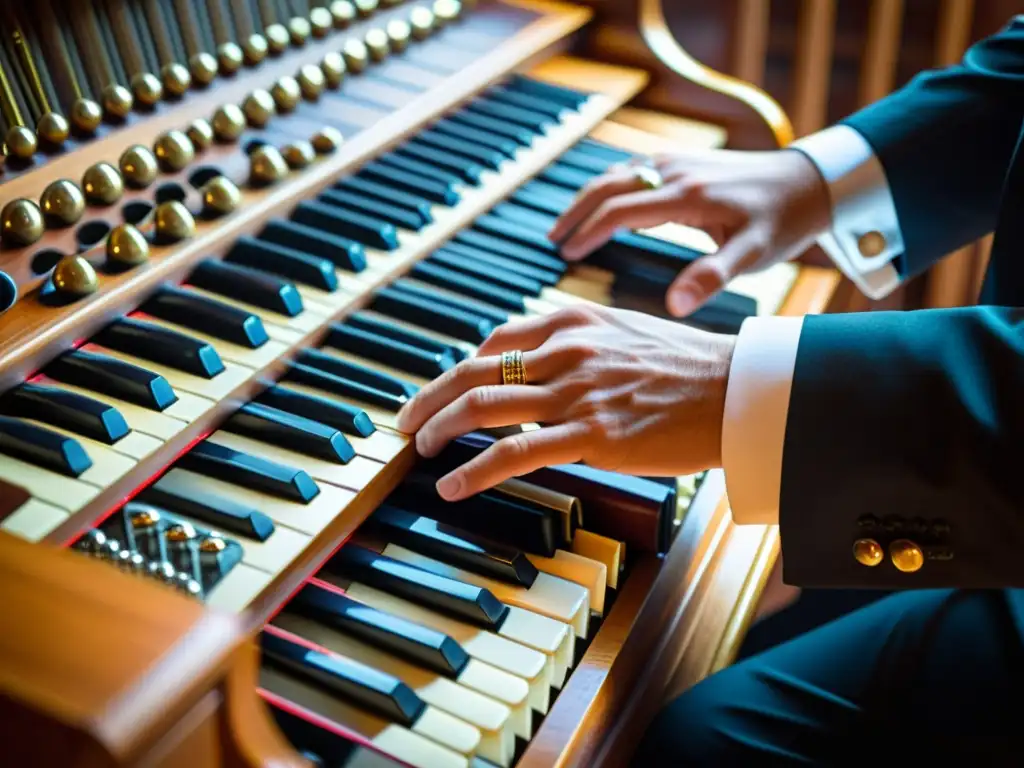 Un hábil organista tocando con maestría un majestuoso órgano durante un concierto moderno, mostrando la historia del órgano en conciertos modernos