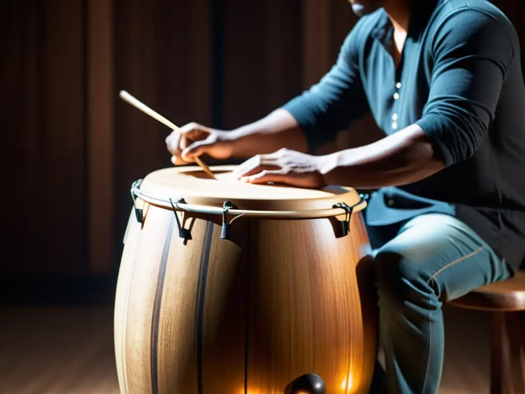 Un hábil percusionista toca el cajón peruano en un estudio con una atmósfera tenue, destacando la energía rítmica