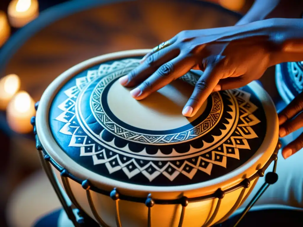 Un hábil percusionista toca con intensidad un doumbek cerámico decorado, resaltando la riqueza cultural y artística de la percusión oriental