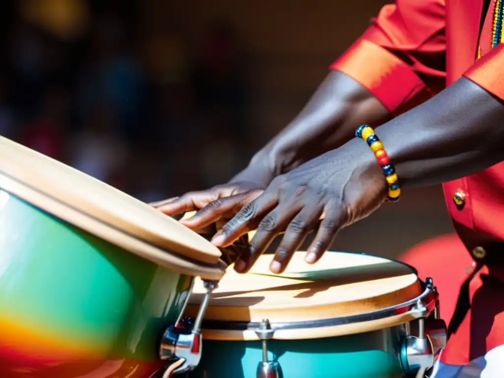 Un hábil percusionista senegalés toca el bougarabou con pasión, destacando la construcción del tambor y su sonido único