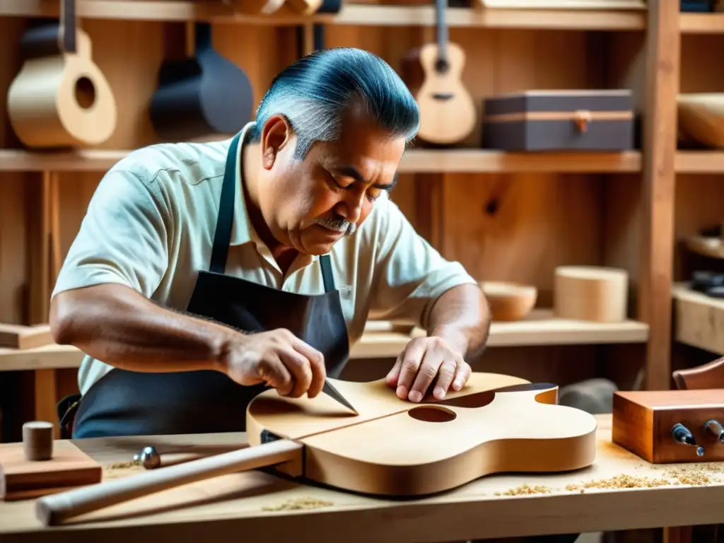 Un hábil lutier talla con precisión el cuerpo de un Guitarrón Chileno bajo acústico, rodeado de herramientas de carpintería y polvo de sierra en el aire, capturando la esencia artesanal y la dedicación a la construcción de este icónico instrumento