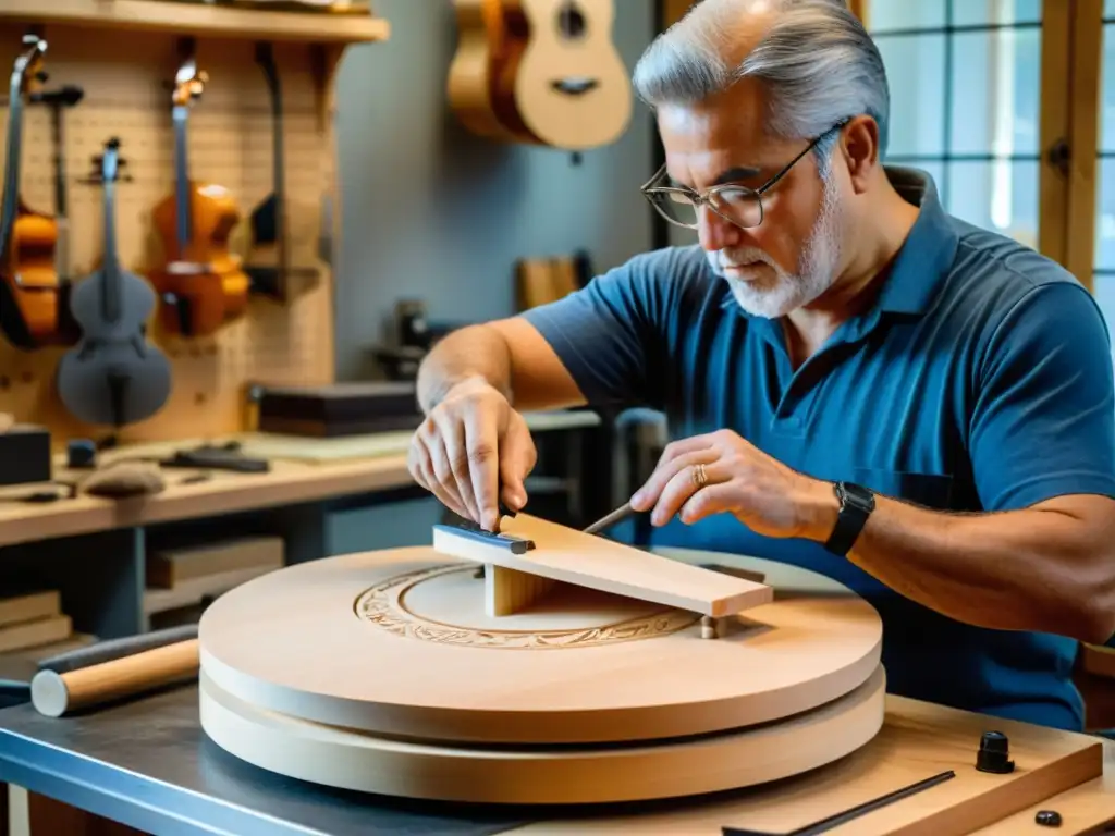 Un hábil luthier esculpe con precisión una pieza de arce para la construcción del contrabajo acústico brasileño, rodeado de herramientas y planos detallados, resaltando la artesanía y tradición