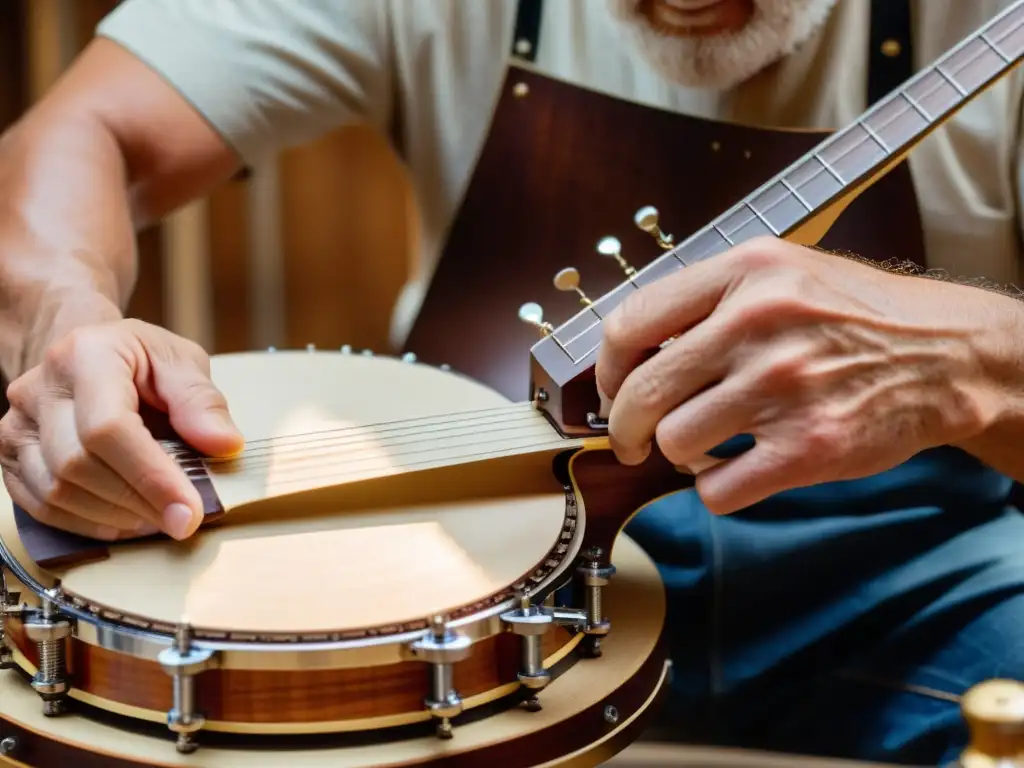 Un hábil luthier moldea con precisión la resonadora de un banjo, resaltando la artesanía en la construcción del banjo en Bluegrass