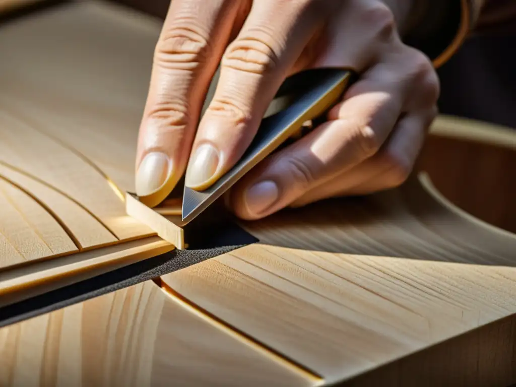 Un hábil luthier esculpe con precisión la resonante tapa armónica de abeto, destacando la artesanía y la búsqueda del tono perfecto en luthería