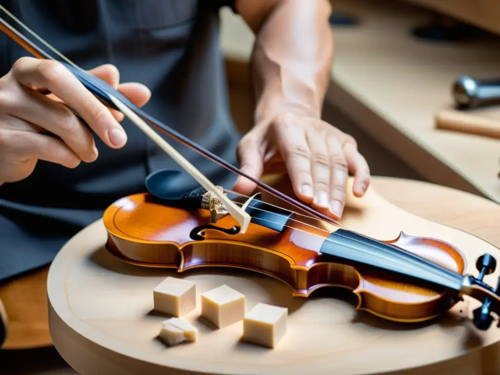 Un hábil luthier tallando con precisión un violín eléctrico, demostrando la artesanía y dedicación en la creación de este instrumento moderno