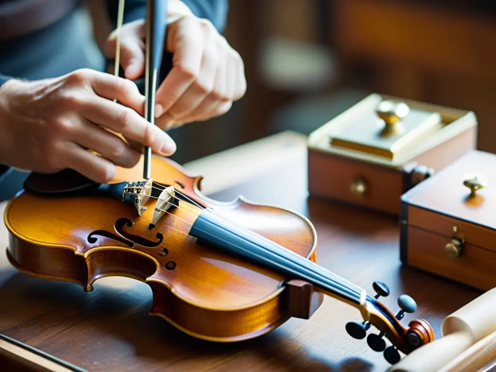 Un hábil restaurador de instrumentos musicales utiliza herramientas finas para reparar meticulosamente un violín vintage