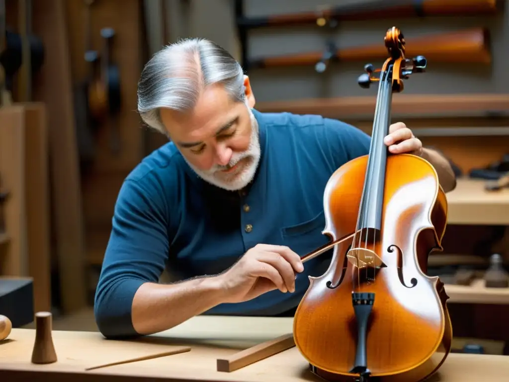 Un hábil restaurador de instrumentos musicales contemporáneos lija cuidadosamente las delicadas curvas de un violonchelo desgastado, con la luz cálida del taller iluminando la intrincada veta de la madera y la expresión concentrada del artesano