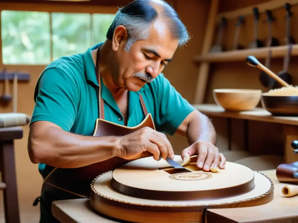 Un hábil luthier español talla con destreza una Vihuela de mano, rodeado de herramientas especializadas y virutas de madera