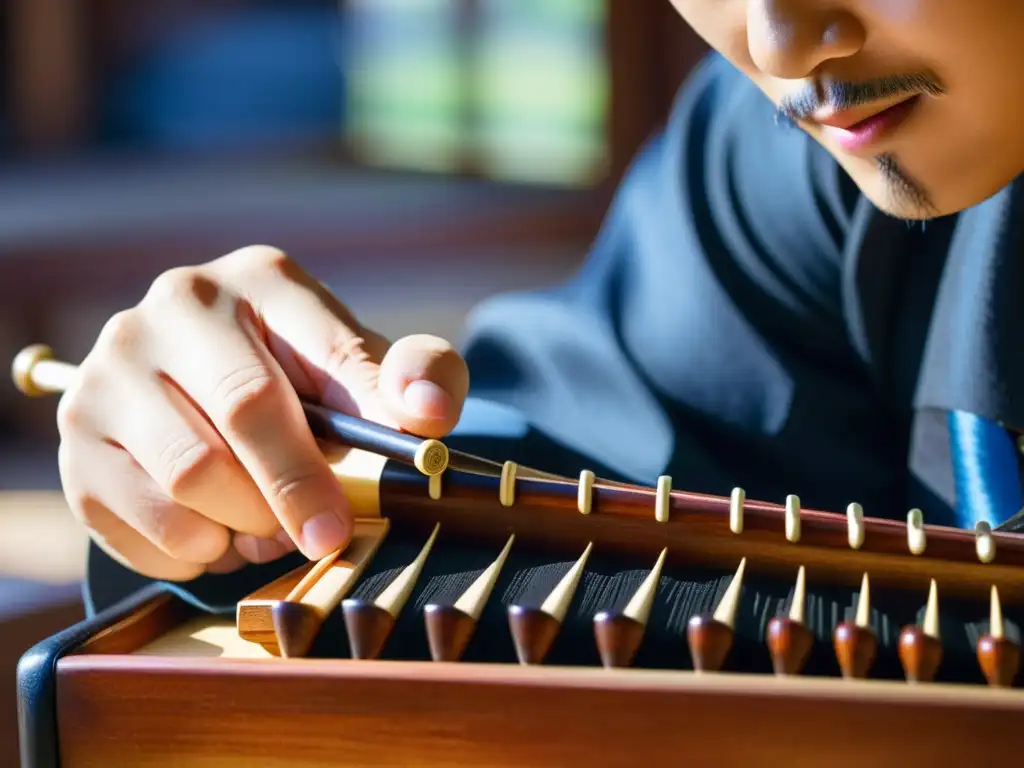 Un hábil músico toca con técnica el haegeum coreano, mostrando la destreza y belleza cultural del instrumento