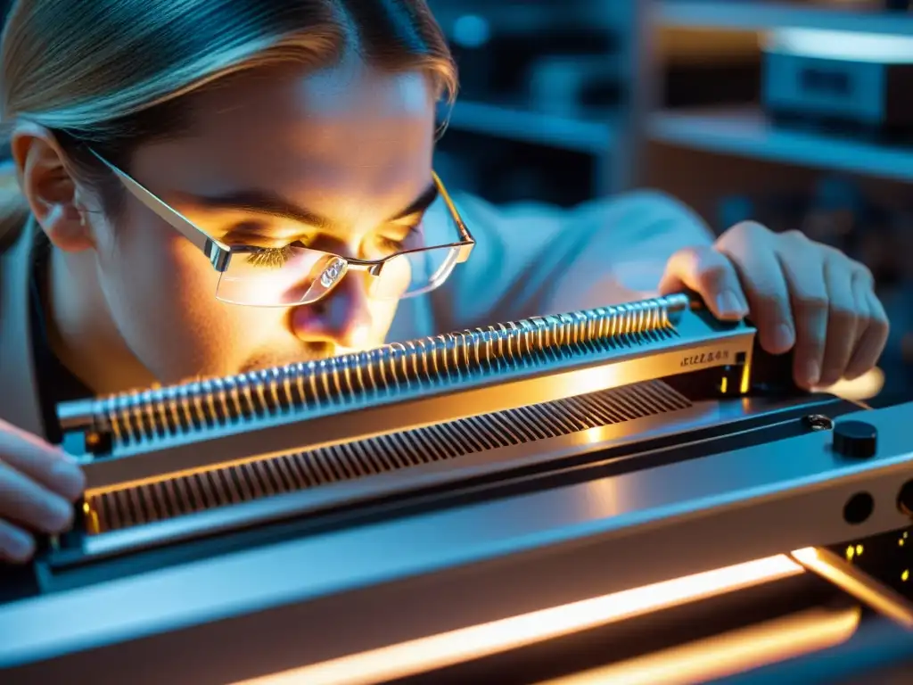 Un hábil técnico ensambla con precisión un arpa láser en un laboratorio futurista, creando un ambiente profesional y de alta tecnología