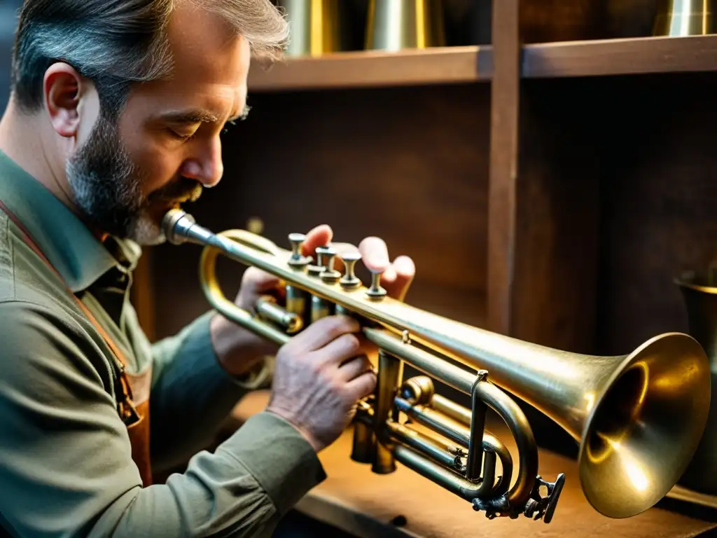 Un hábil técnico restaura una trompeta en un taller de ambiente tenue, revelando la dedicación en la restauración de instrumentos en cine