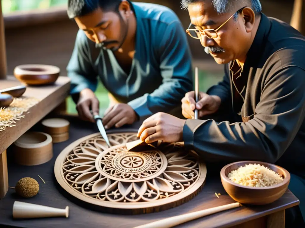 Hábiles artesanos tallan diseños en madera oscura, preservando la zurna de Oriente Medio con dedicación y maestría