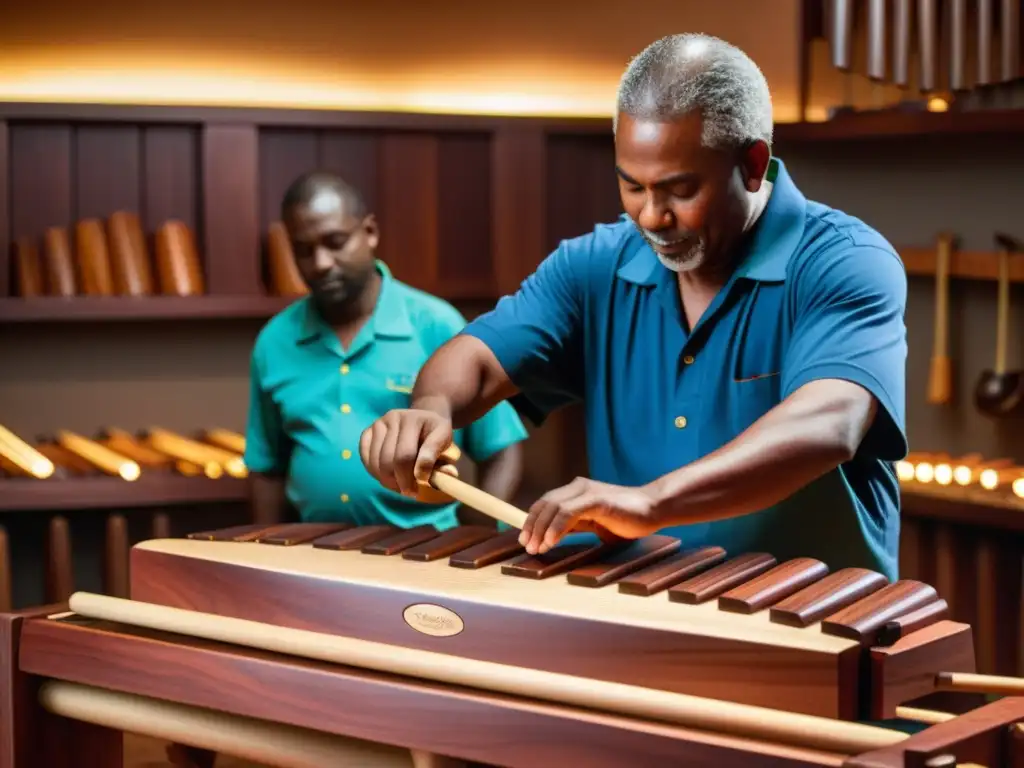 Hábiles artesanos tallan con esmero la madera para crear una marimba, resaltando la historia de la marimba en América Latina