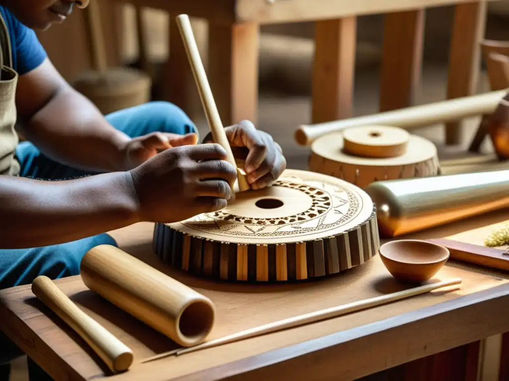 Hábiles artesanos crean un instrumento musical latinoamericano rodeados de herramientas y materiales