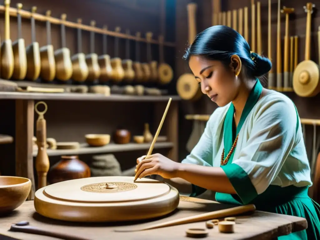 Hábiles artesanos elaboran instrumentos musicales tradicionales en un bullicioso taller, destacando el impacto de la globalización en su fabricación