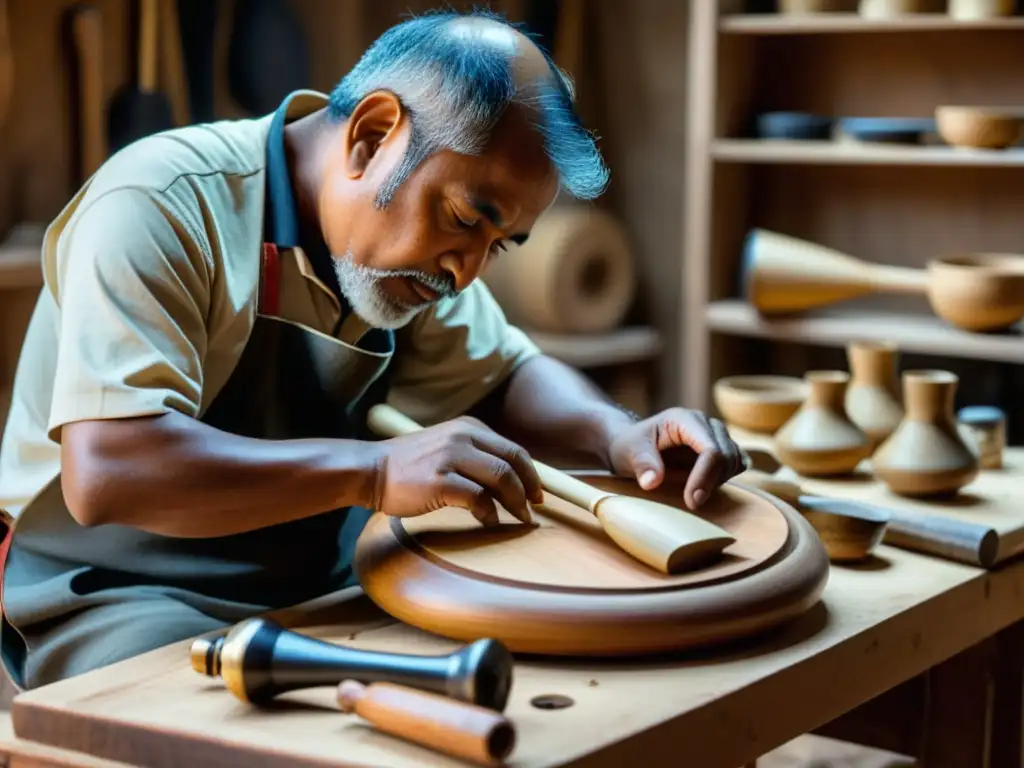 Hábiles artesanos tallando instrumentos musicales tradicionales en madera en un taller cálido, mostrando la influencia de la migración de instrumentos