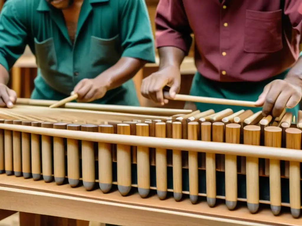 Hábiles artesanos tallan madera para crear una marimba