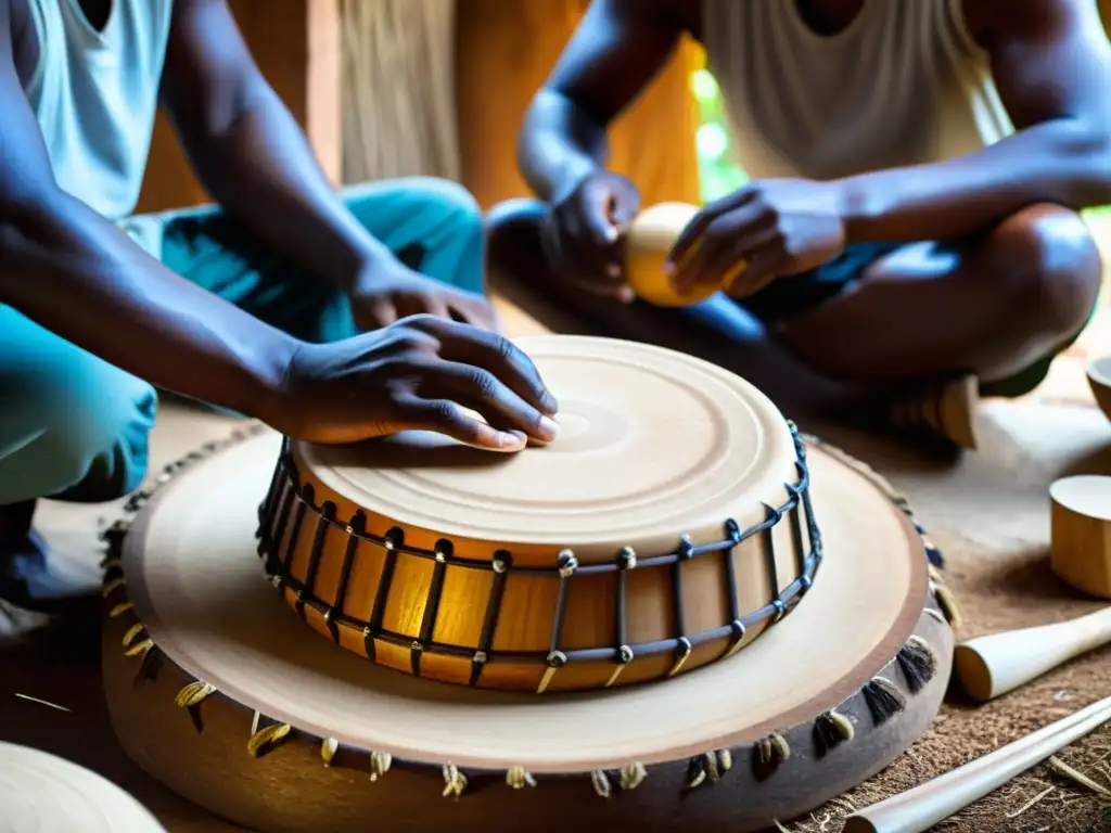 Hábiles artesanos crean Tambores del ritual del Candomblé en un taller, inmersos en la tradición y la espiritualidad