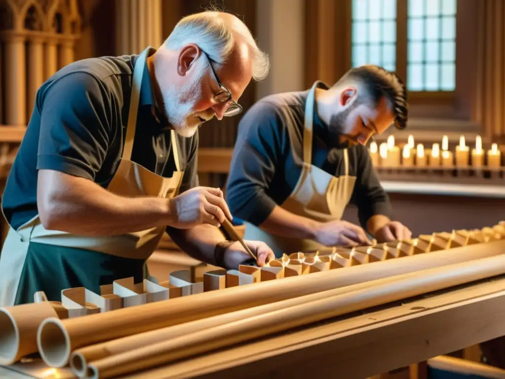 Hábiles artesanos tallan y ensamblan tubos de madera para el tradicional órgano de iglesia