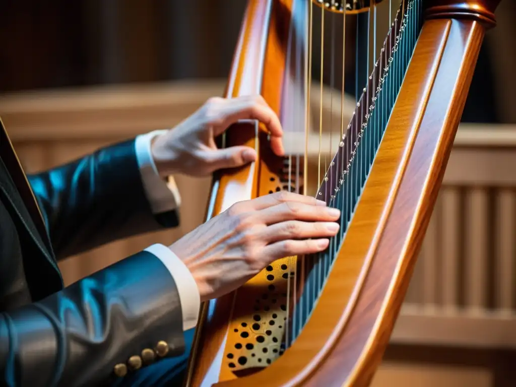 Maestría musical: Detalles de un arpa y manos hábiles Las hábiles manos de una arpista interpretando arpegios con maestría en un arpa bellamente tallada, resaltando las técnicas musicales