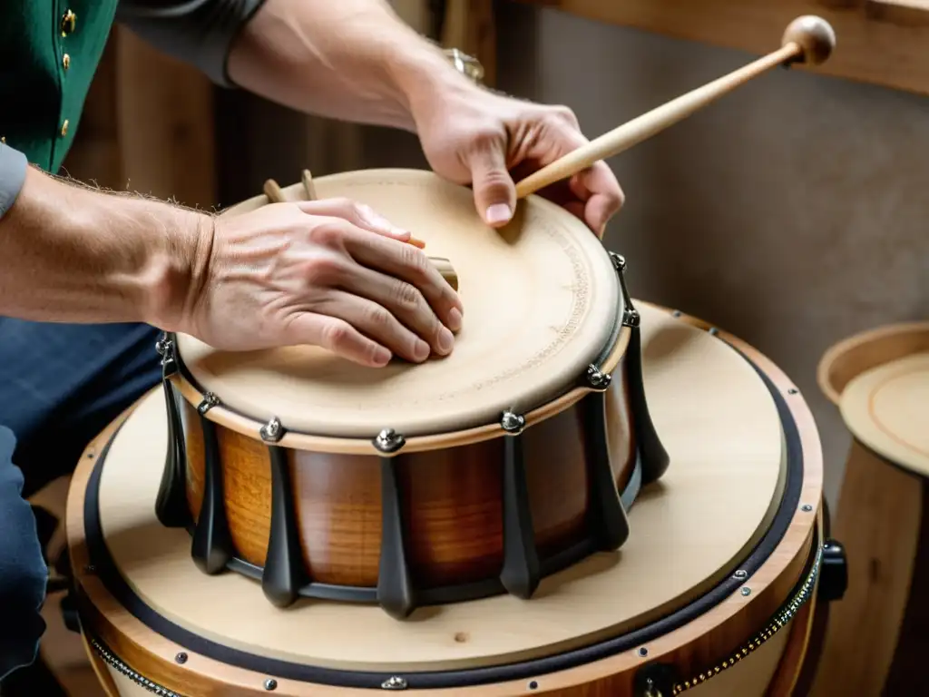 Las hábiles manos de un artesano creando un bodhrán irlandés, mostrando la rica artesanía y la tradición centenaria