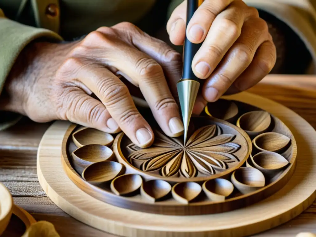 Las hábiles manos de un artesano tallando detallados diseños en madera de olivo, creando una launeddas, instrumento ancestral de Cerdeña