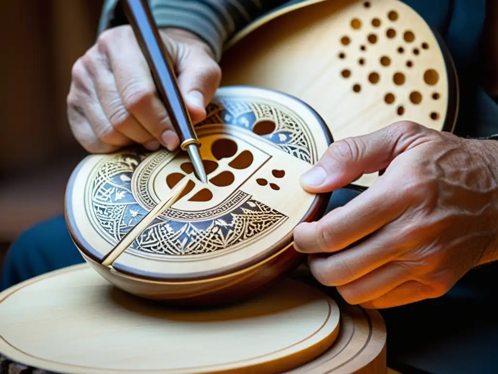 Las hábiles manos de un artesano griego tallan con precisión diseños intrincados en un bouzouki tradicional