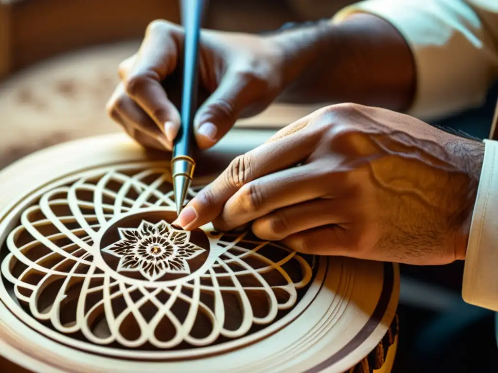 Las hábiles manos de un artesano tallan intrincados diseños en un Oud, con virutas de madera esparcidas