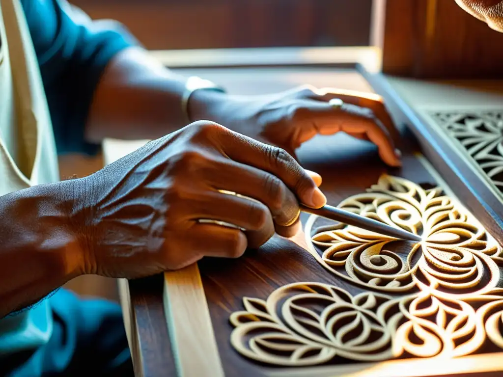 Las hábiles manos de un artesano esculpen patrones en la tapa de un requinto jarocho, reflejando la historia y construcción del instrumento