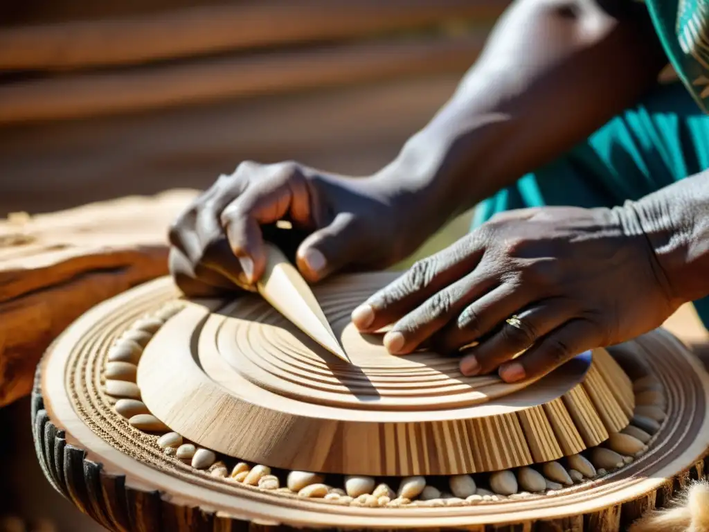 Las hábiles manos de un artesano tallan con precisión un mbira africano, destacando la historia, construcción y sonido de este icónico instrumento