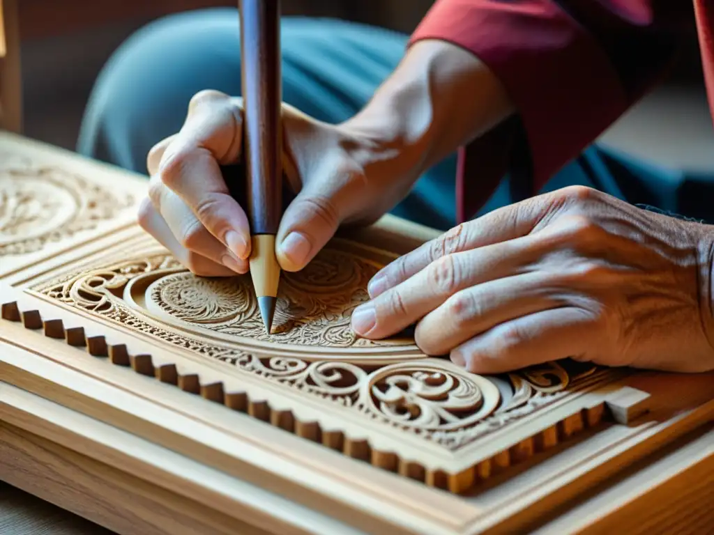 Las hábiles manos de un artesano tallando un Psalterio de Arco, mostrando la historia y la construcción de este antiguo instrumento musical