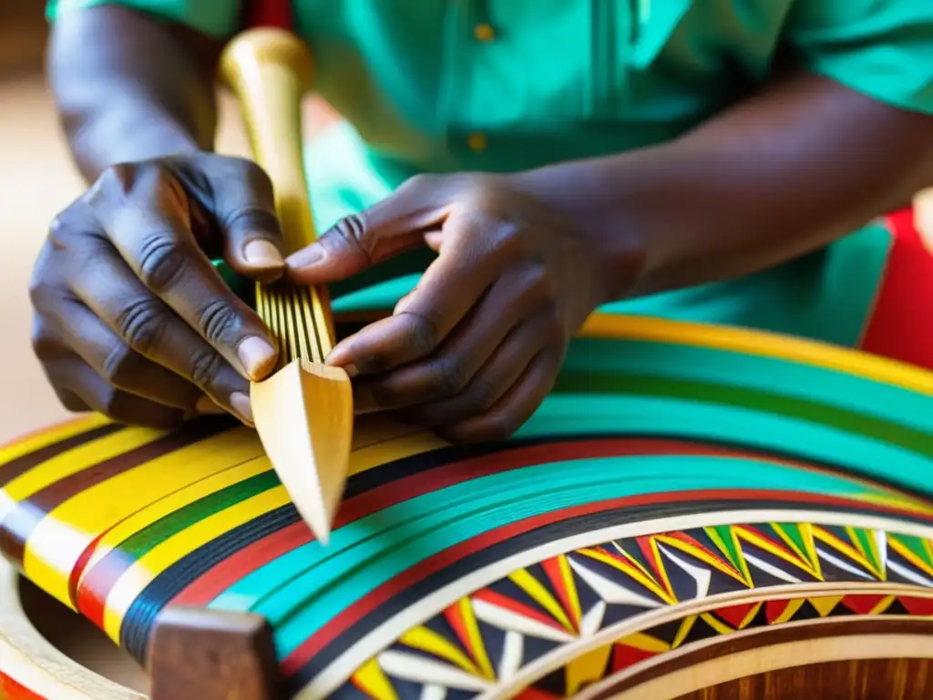 Las hábiles manos de un artesano tallan un Seperewa, instrumento tradicional de Ghana, mostrando el renacimiento cultural del Seperewa en Ghana