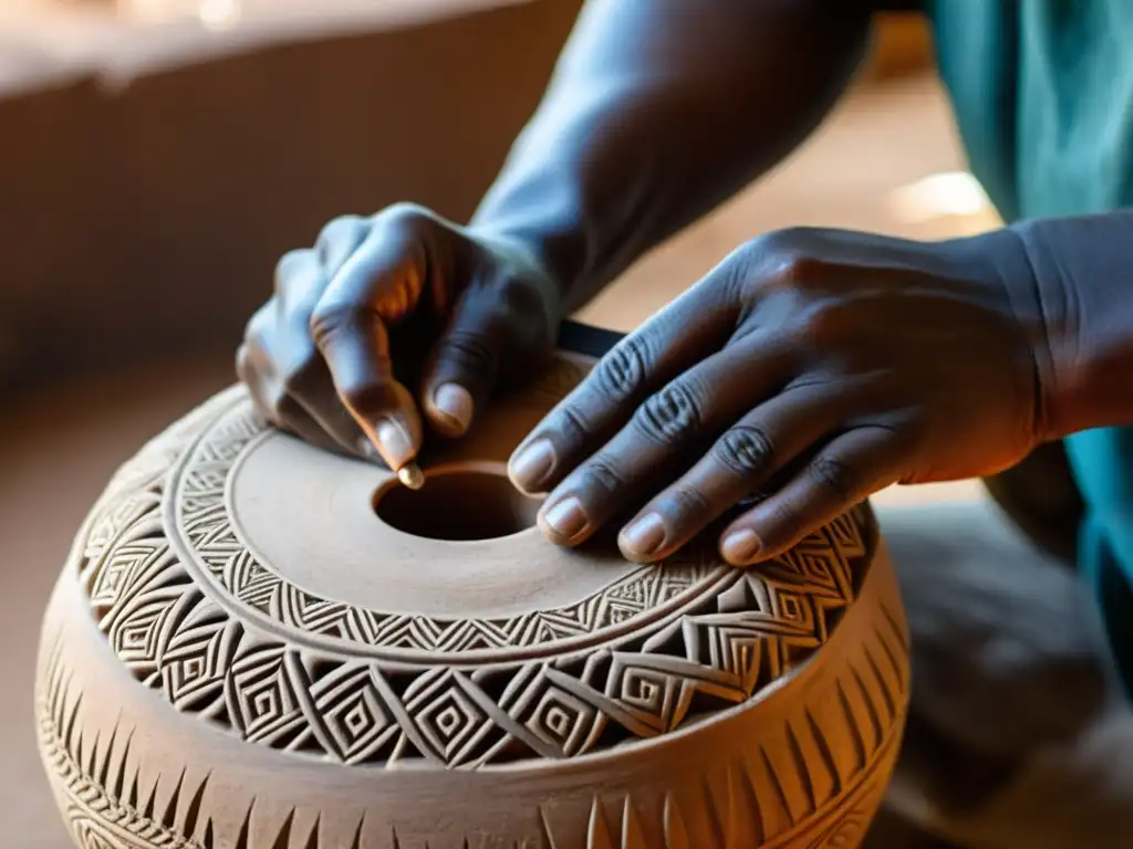 Las hábiles manos del artesano moldean un Udu tradicional africano, técnicas para extraer sonidos hipnóticos se destacan en la artesanía detallada