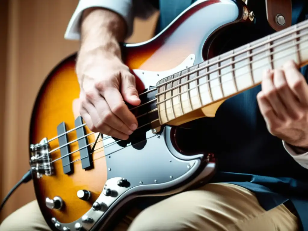 Las hábiles manos de un bajista experto tocando el bajo eléctrico, transmitiendo la esencia y evolución del bajo eléctrico en música