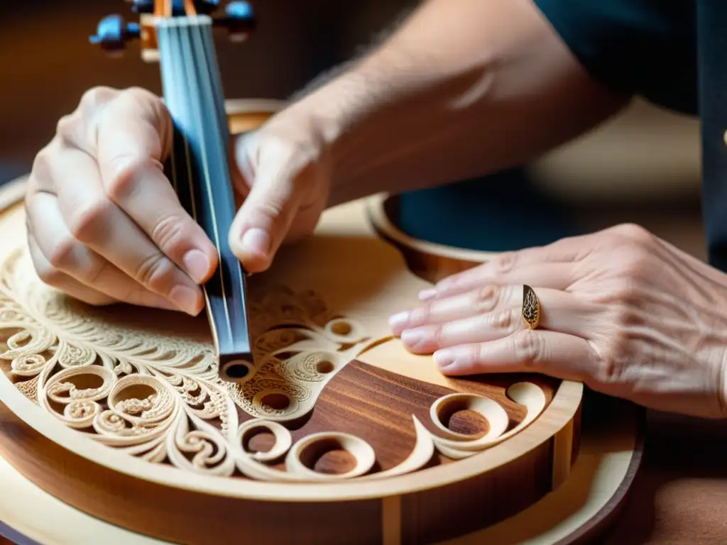 Las hábiles manos del luthier labran delicados diseños en el violín, destacando las técnicas de construcción de instrumentos musicales