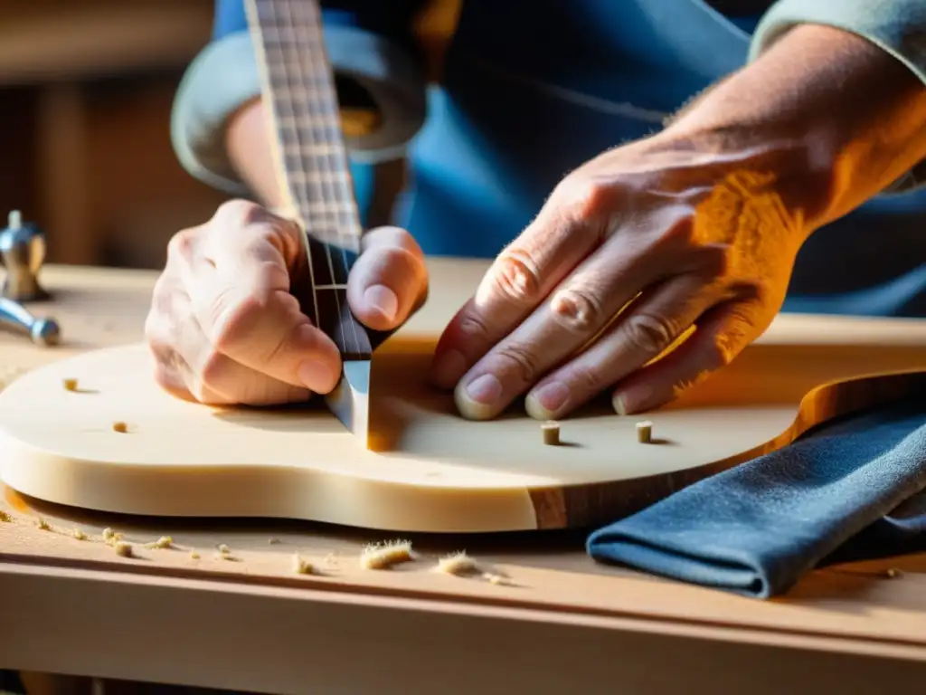 Las hábiles manos del luthier dan forma al puente de una guitarra en afinación abierta para blues, con virutas de madera esparcidas