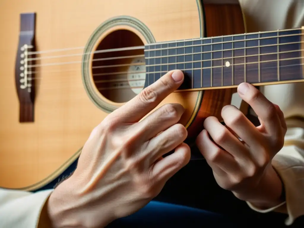 Las hábiles manos de un guitarrista clásico ejecutando técnicas de contrapunto, iluminadas por cálida luz natural