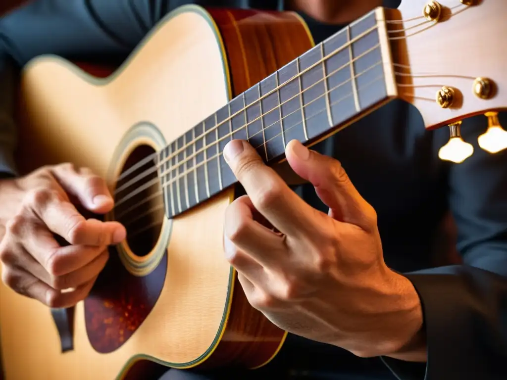 Las hábiles manos de un guitarrista español ejecutan con pasión y técnica, plasmando la intensidad emocional en su interpretación