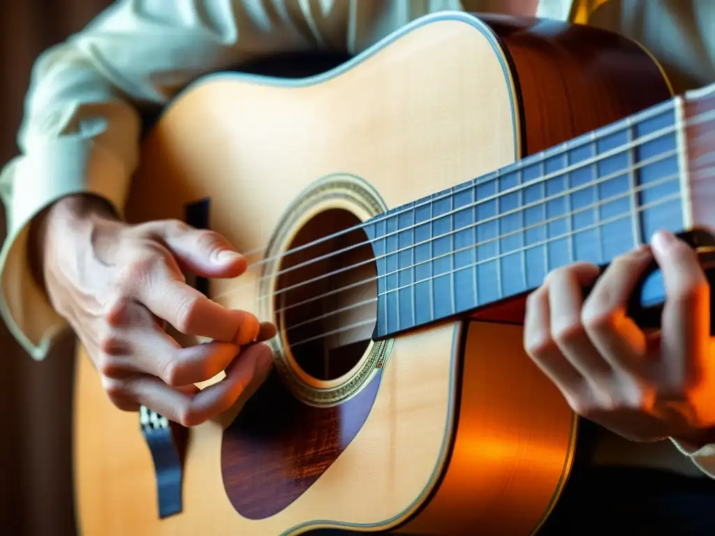 Las hábiles manos de un guitarrista interpretando una guitarra española, mostrando la influencia global de la guitarra clásica española