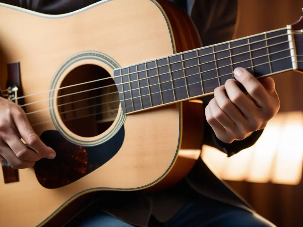 Las hábiles manos del guitarrista crean polifonía con técnica fingerstyle, resaltando la belleza y destreza de la música